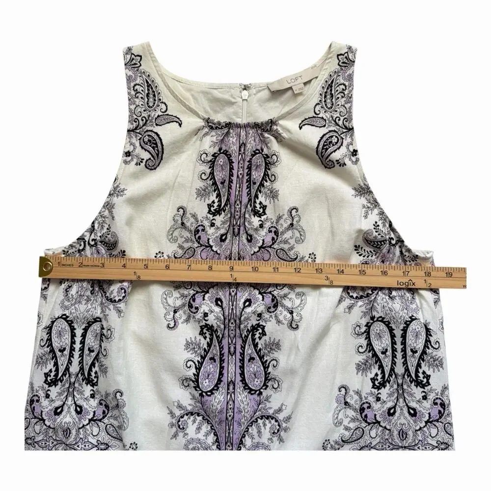 Loft Linen Blend Sleeveless Dress Womens Size 10 Cream Purple Lace Trim Paisley